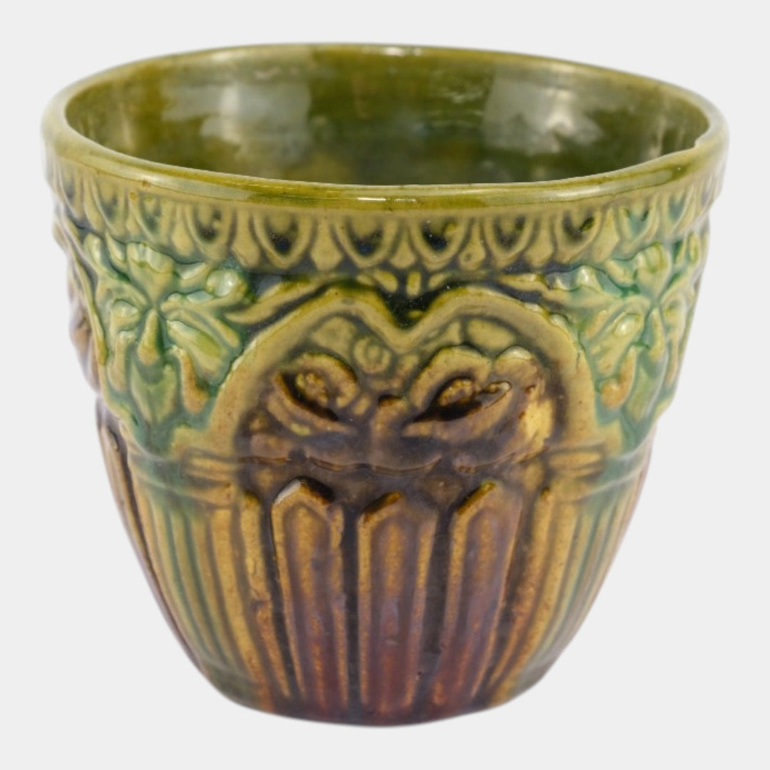 Brush McCoy 1927 Art Pottery Green Brown Blended Majolica Satyr Face Jardiniere - Just Art Pottery