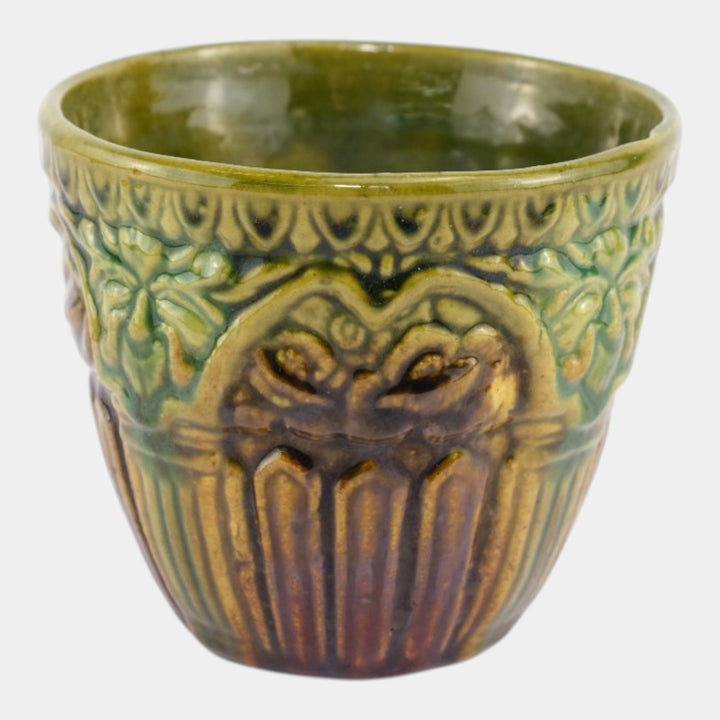 Brush McCoy 1927 Art Pottery Green Brown Blended Majolica Satyr Face Jardiniere - Just Art Pottery