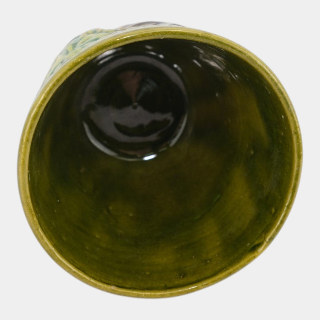Brush McCoy 1927 Art Pottery Green Brown Blended Majolica Satyr Face Jardiniere - Just Art Pottery