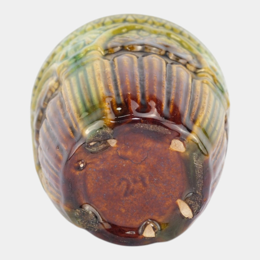 Brush McCoy 1927 Art Pottery Green Brown Blended Majolica Satyr Face Jardiniere - Just Art Pottery