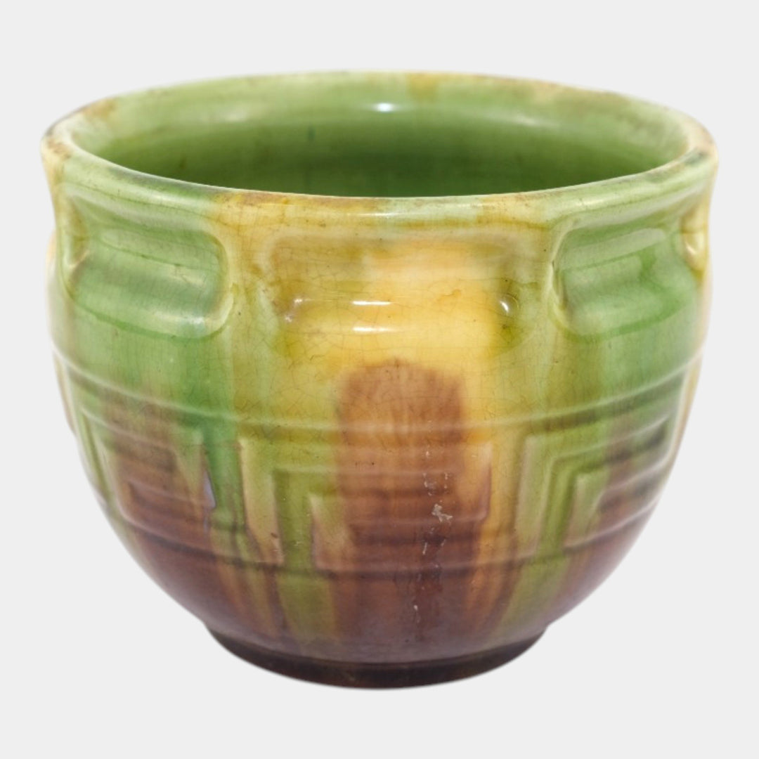 Brush McCoy 1910s Art Pottery Green Brown Blended Majolica Greek Key Jardiniere - Just Art Pottery