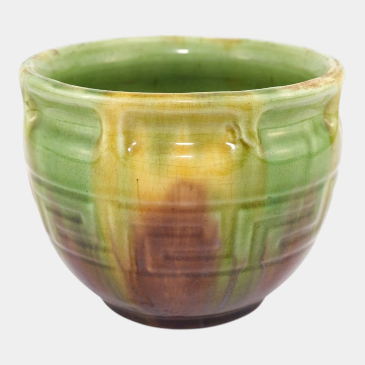 Brush McCoy 1910s Art Pottery Green Brown Blended Majolica Greek Key Jardiniere - Just Art Pottery