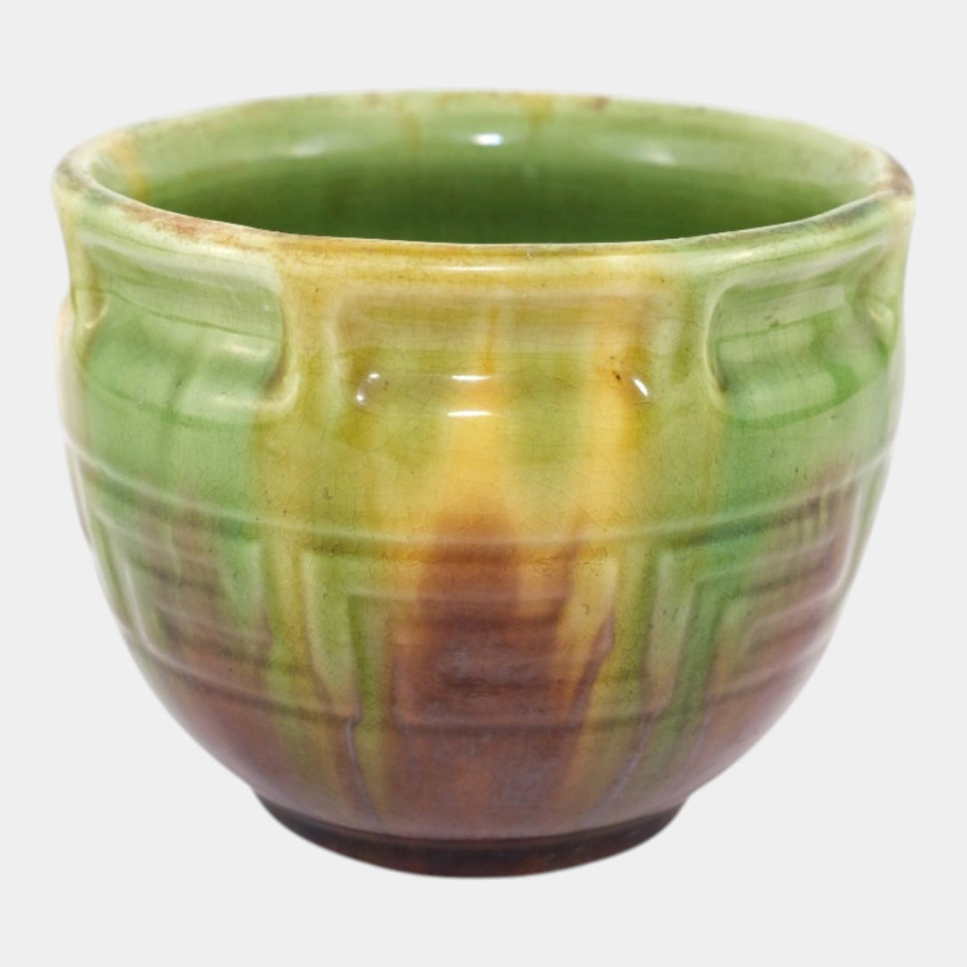 Brush McCoy 1910s Art Pottery Green Brown Blended Majolica Greek Key Jardiniere - Just Art Pottery