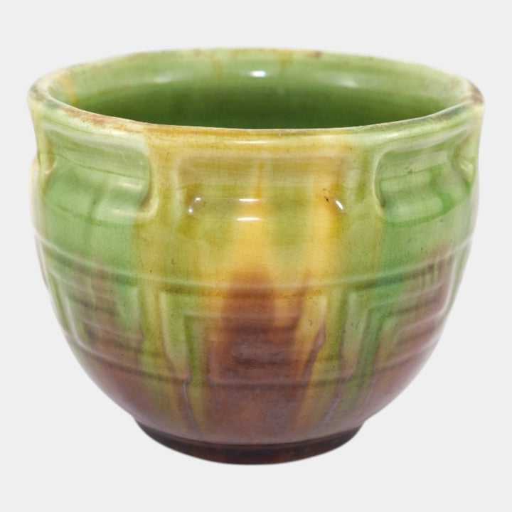Brush McCoy 1910s Art Pottery Green Brown Blended Majolica Greek Key Jardiniere - Just Art Pottery