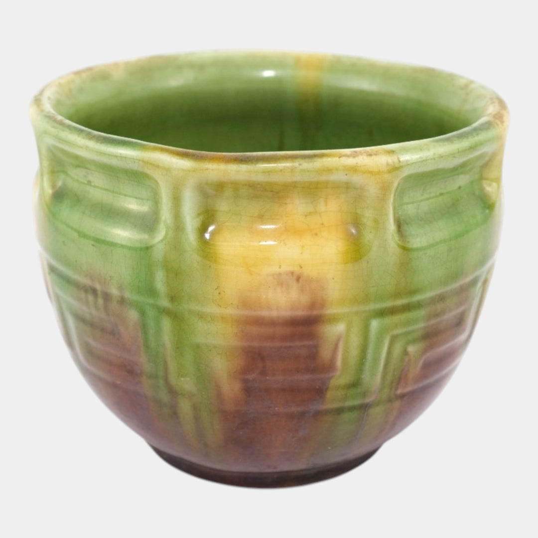 Brush McCoy 1910s Art Pottery Green Brown Blended Majolica Greek Key Jardiniere - Just Art Pottery