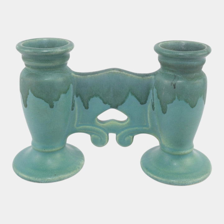 Roseville Carnelian I Green 1926 Vintage Art Pottery Ceramic Double Bud Vase 56-5 - Just Art Pottery