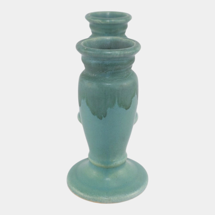 Roseville Carnelian I Green 1926 Vintage Art Pottery Ceramic Double Bud Vase 56-5 - Just Art Pottery