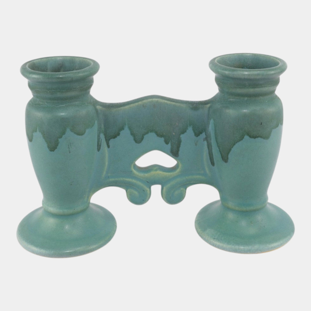 Roseville Carnelian I Green 1926 Vintage Art Pottery Ceramic Double Bud Vase 56-5 - Just Art Pottery