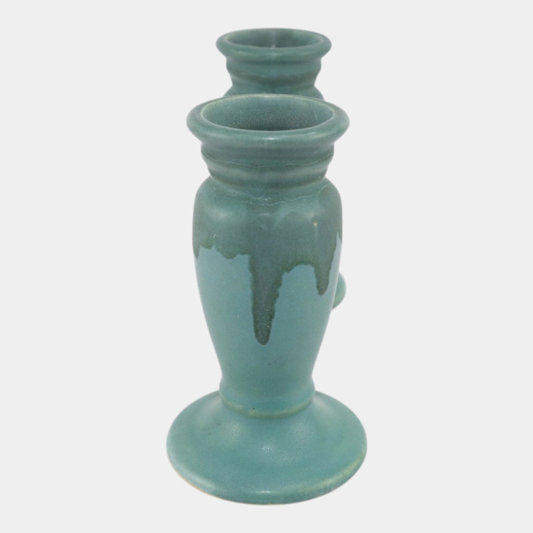 Roseville Carnelian I Green 1926 Vintage Art Pottery Ceramic Double Bud Vase 56-5 - Just Art Pottery