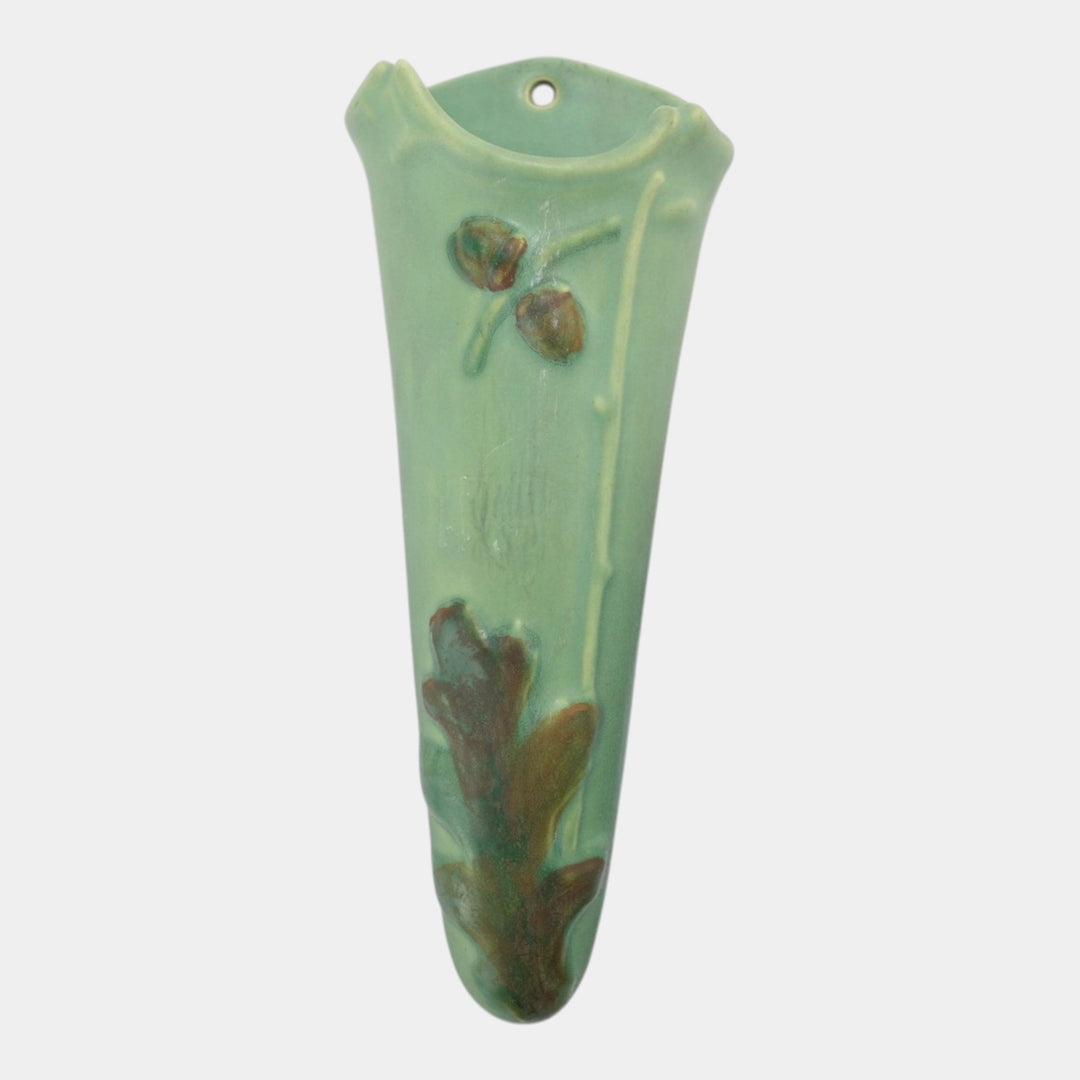 Weller Oak Leaf 1930s Vintage Art Deco Pottery Brown Acorns Green Wall Pocket - Just Art Pottery