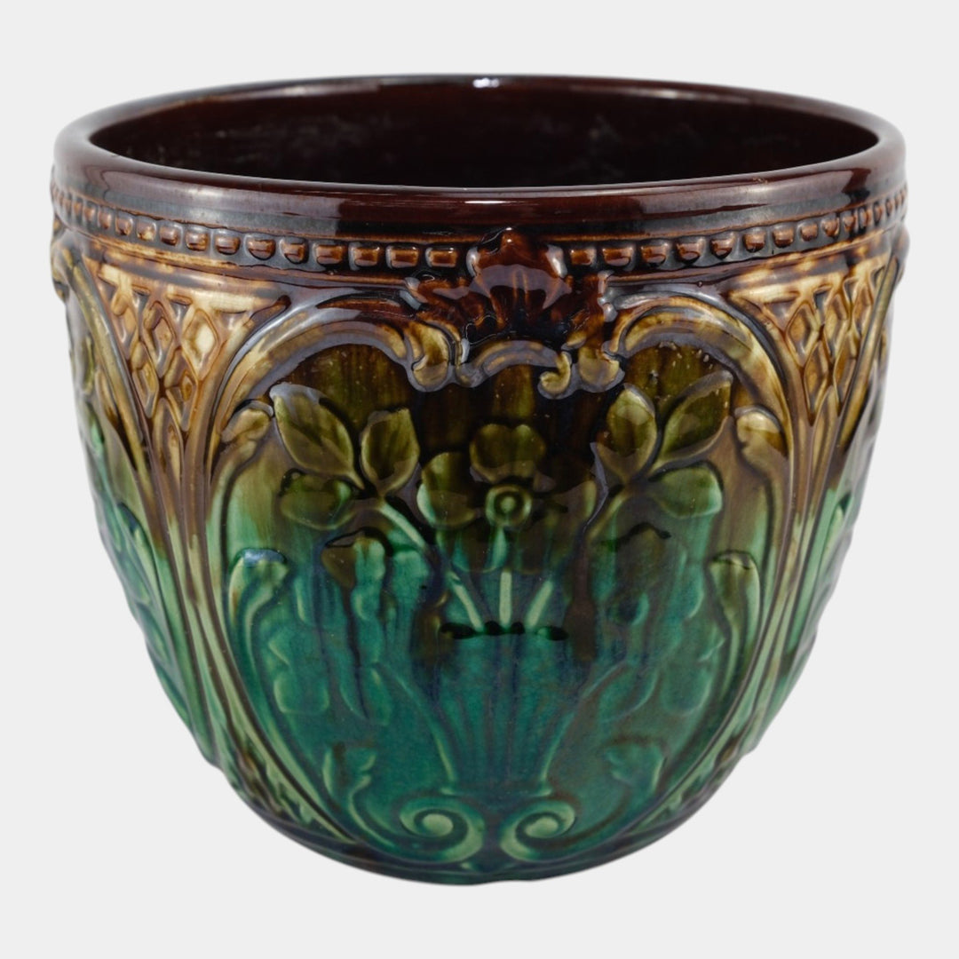 Weller 1900s Art Nouveau Pottery Green Brown Blended Majolica Ceramic Jardiniere - Just Art Pottery