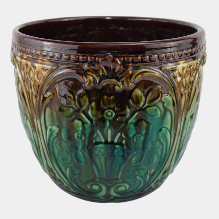 Weller 1900s Art Nouveau Pottery Green Brown Blended Majolica Ceramic Jardiniere - Just Art Pottery