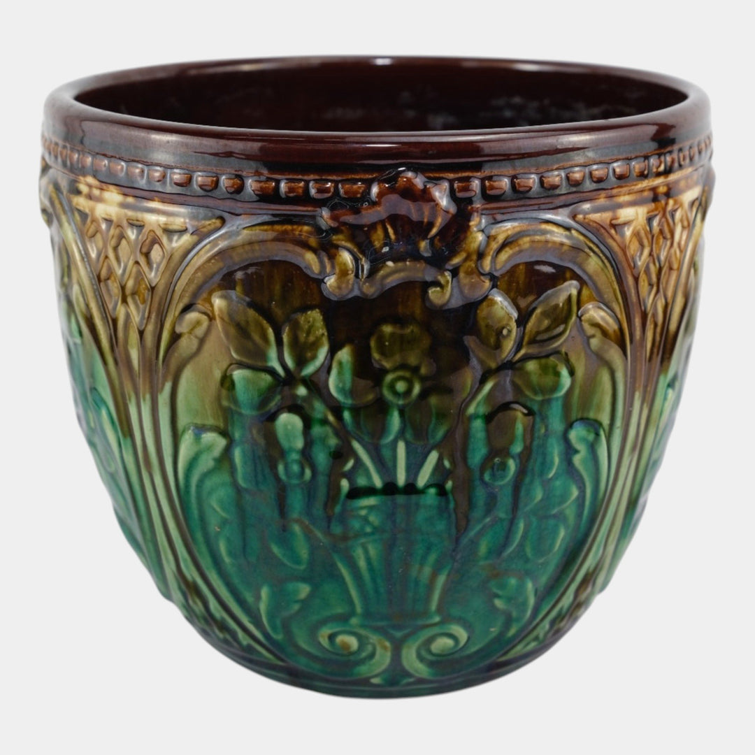 Weller 1900s Art Nouveau Pottery Green Brown Blended Majolica Ceramic Jardiniere - Just Art Pottery