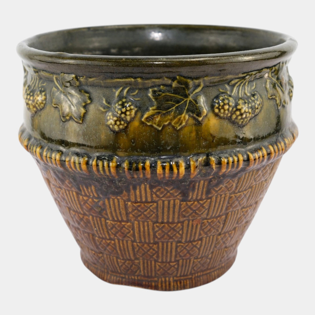 Brush McCoy 1920s Art Pottery Green Brown Blended Majolica Berry Jardiniere - Just Art Pottery