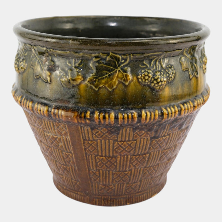 Brush McCoy 1920s Art Pottery Green Brown Blended Majolica Berry Jardiniere - Just Art Pottery