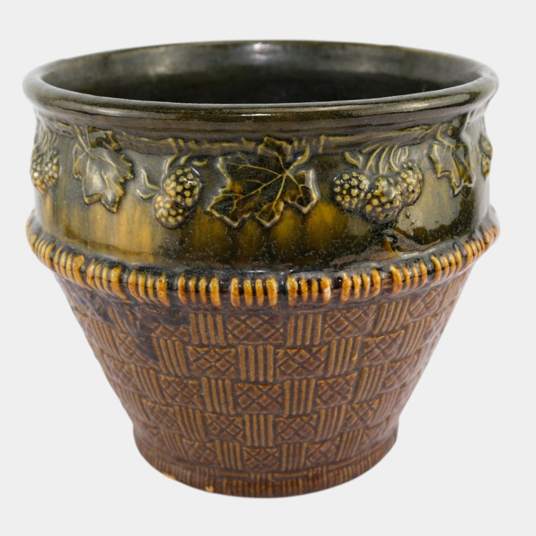 Brush McCoy 1920s Art Pottery Green Brown Blended Majolica Berry Jardiniere - Just Art Pottery