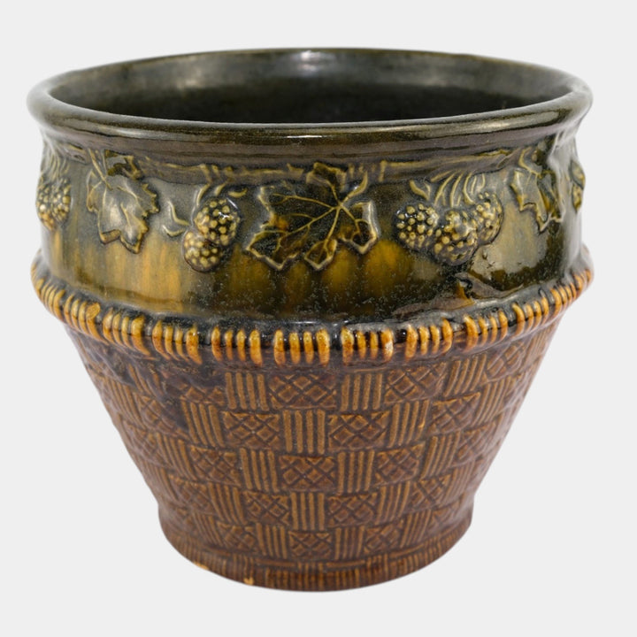 Brush McCoy 1920s Art Pottery Green Brown Blended Majolica Berry Jardiniere - Just Art Pottery