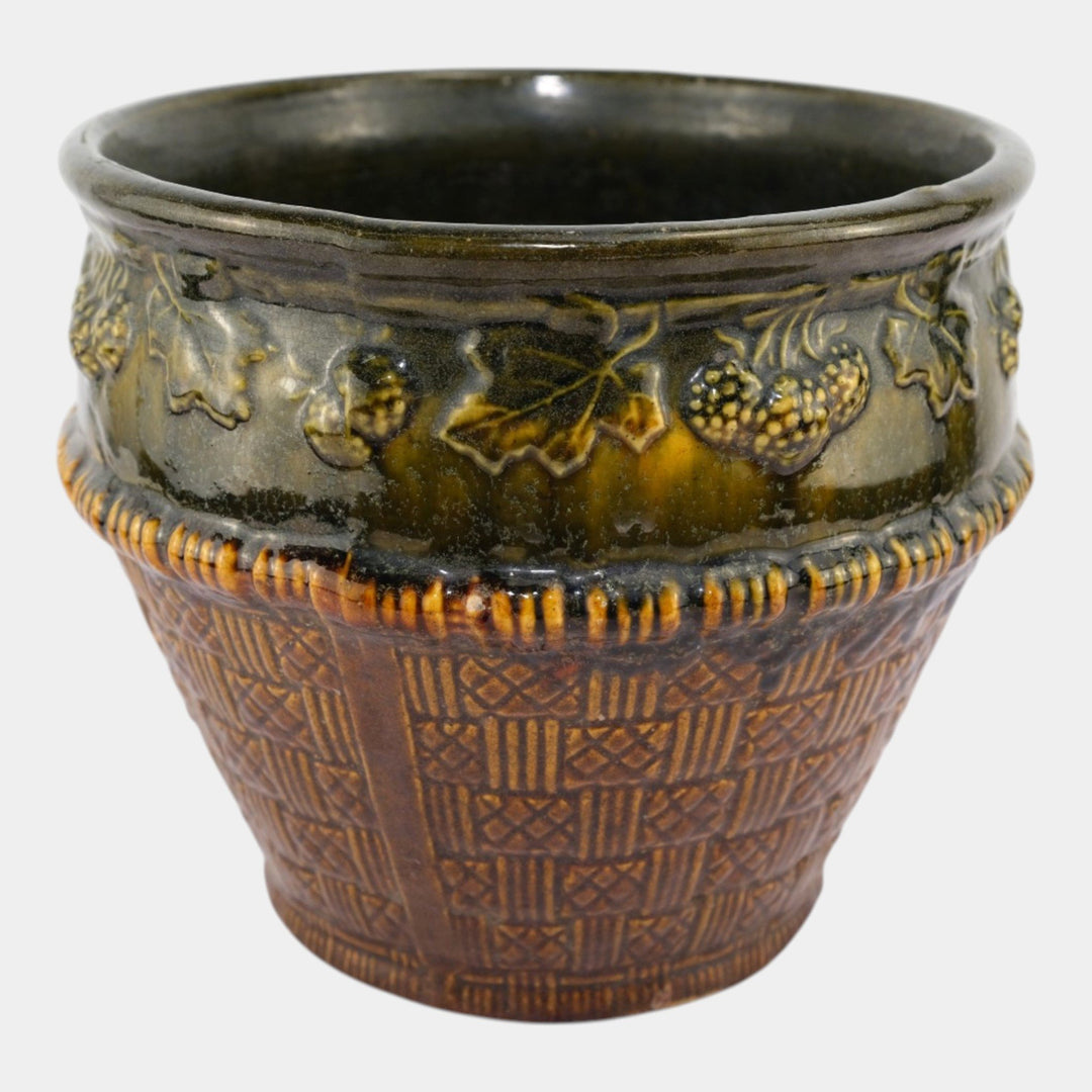 Brush McCoy 1920s Art Pottery Green Brown Blended Majolica Berry Jardiniere - Just Art Pottery