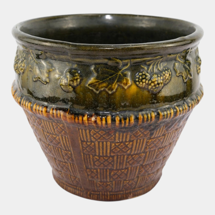 Brush McCoy 1920s Art Pottery Green Brown Blended Majolica Berry Jardiniere - Just Art Pottery