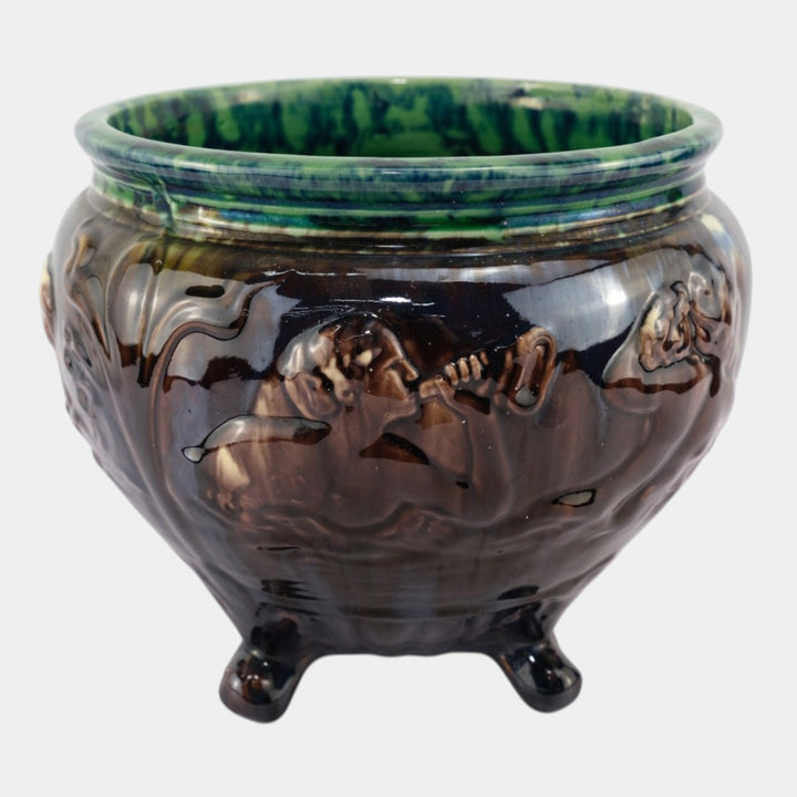 Weller 1900s Art Pottery Majolica Sirens Of The Seas Mermaids Footed Jardiniere - Just Art Pottery