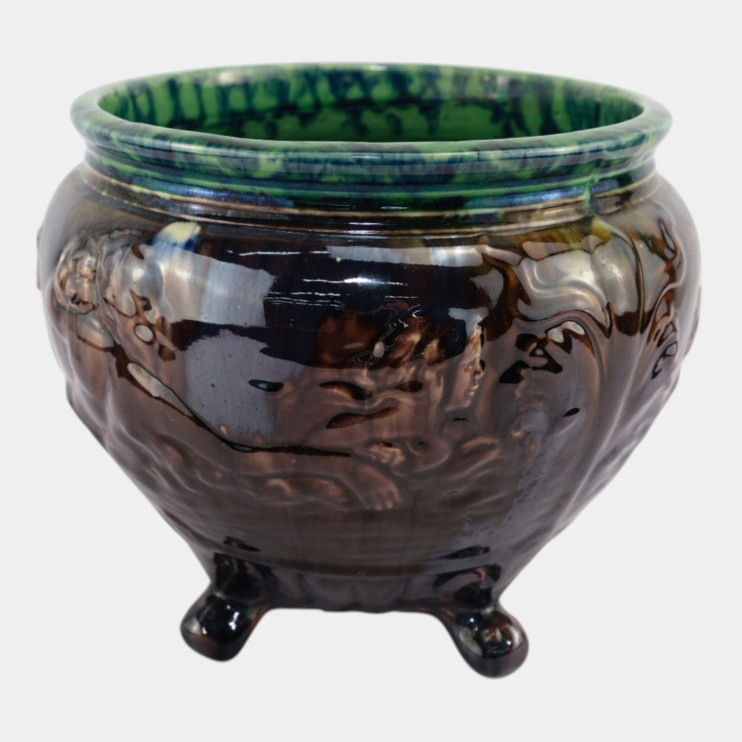 Weller 1900s Art Pottery Majolica Sirens Of The Seas Mermaids Footed Jardiniere - Just Art Pottery