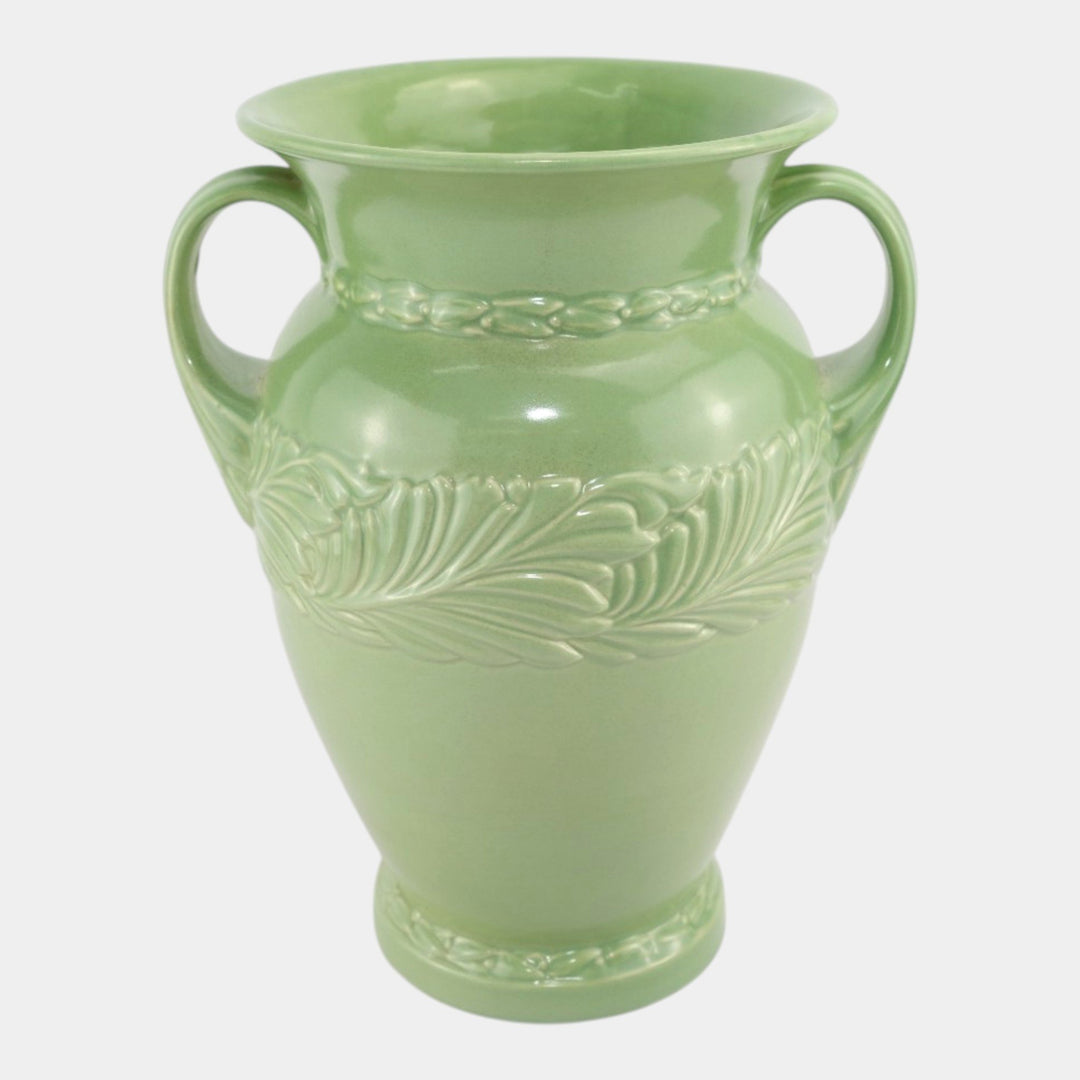 Abingdon Mid Century American Art Pottery Green Acanthus Leaf Handled Vase - Just Art Pottery