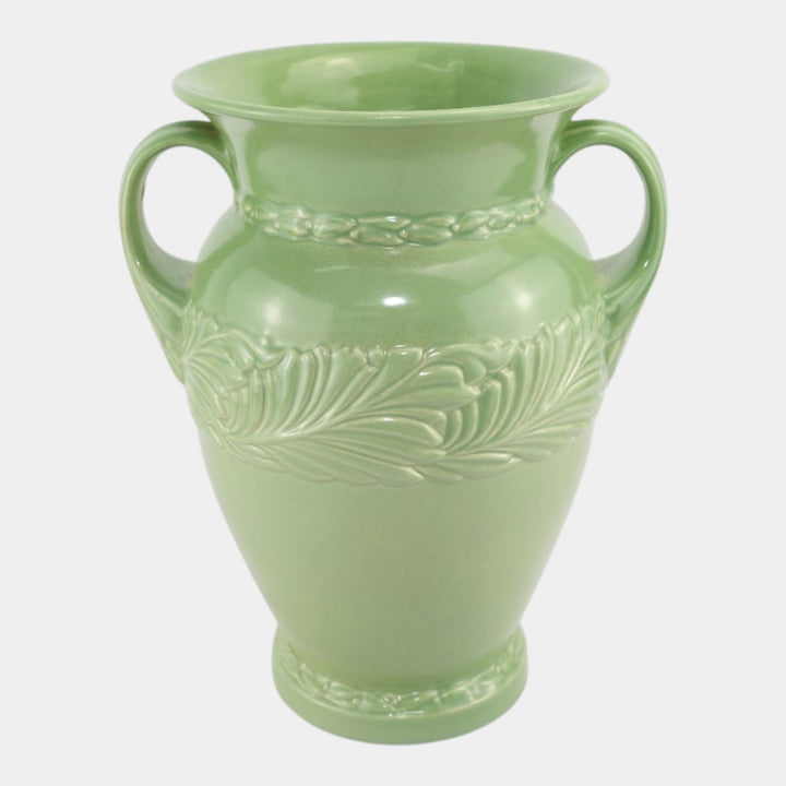 Abingdon Mid Century American Art Pottery Green Acanthus Leaf Handled Vase - Just Art Pottery