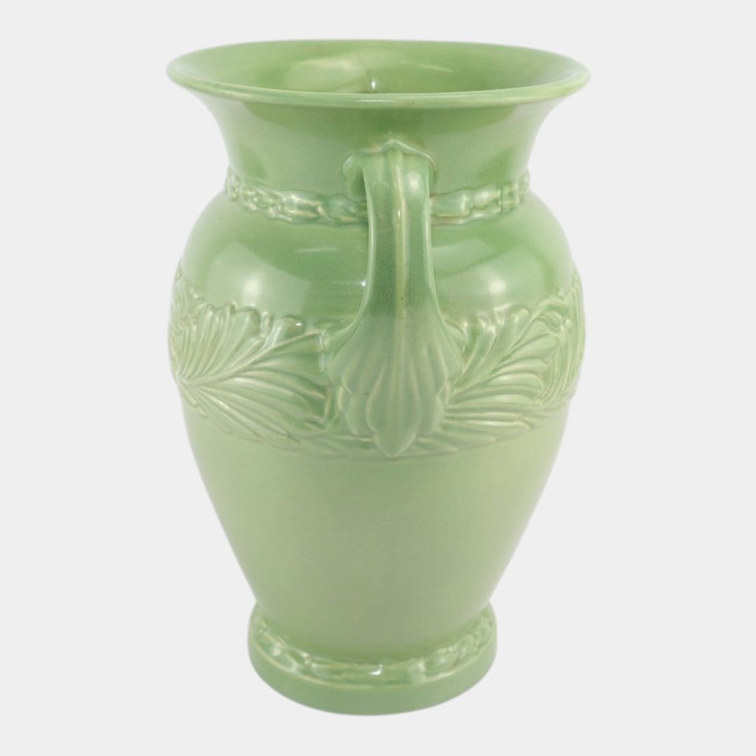 Abingdon Mid Century American Art Pottery Green Acanthus Leaf Handled Vase - Just Art Pottery
