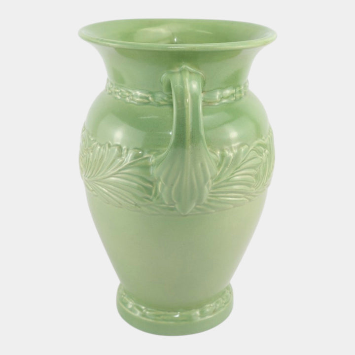 Abingdon Mid Century American Art Pottery Green Acanthus Leaf Handled Vase - Just Art Pottery