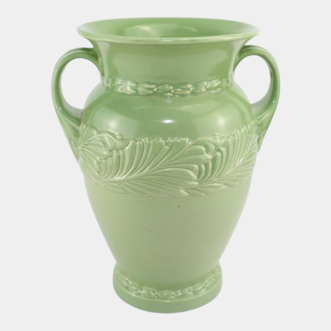 Abingdon Mid Century American Art Pottery Green Acanthus Leaf Handled Vase - Just Art Pottery