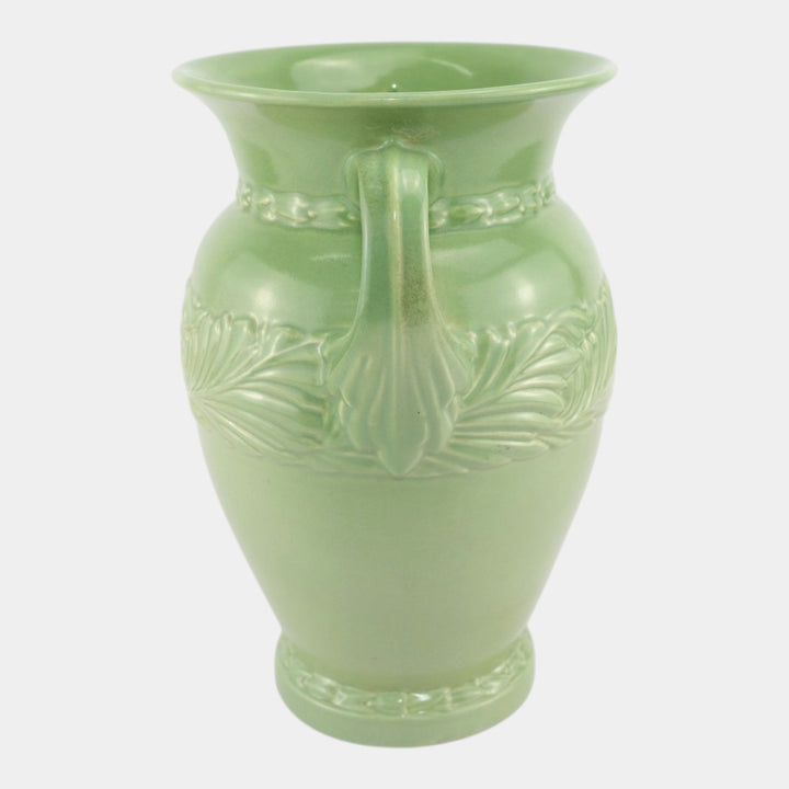 Abingdon Mid Century American Art Pottery Green Acanthus Leaf Handled Vase - Just Art Pottery