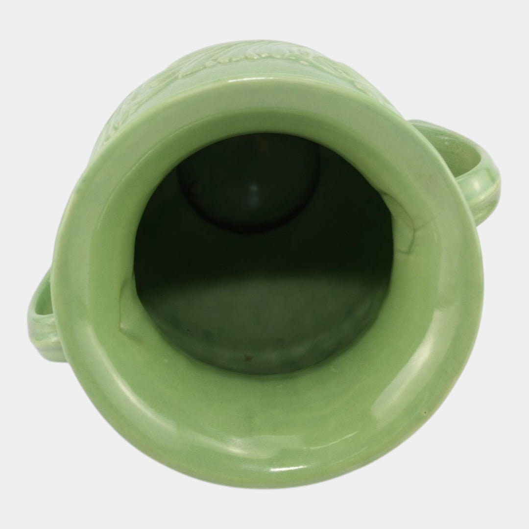 Abingdon Mid Century American Art Pottery Green Acanthus Leaf Handled Vase - Just Art Pottery