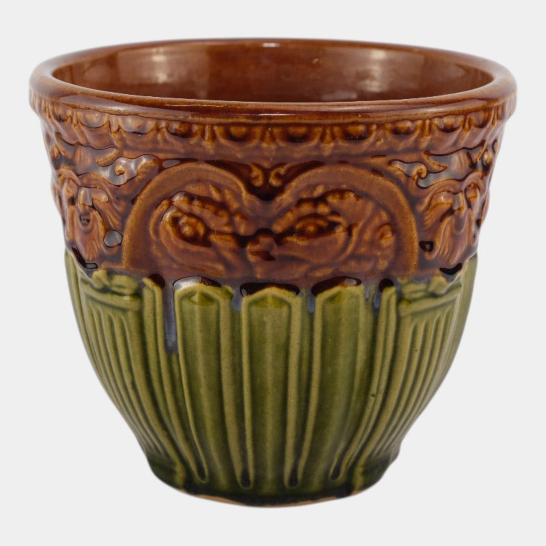 Brush McCoy 1927 Art Pottery Green Brown Blended Majolica Satyr Face Jardiniere - Just Art Pottery