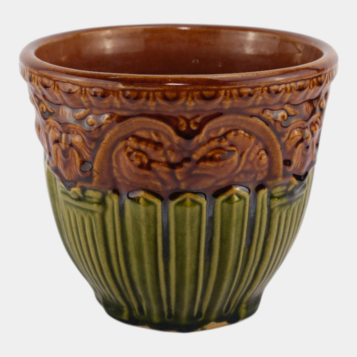 Brush McCoy 1927 Art Pottery Green Brown Blended Majolica Satyr Face Jardiniere - Just Art Pottery