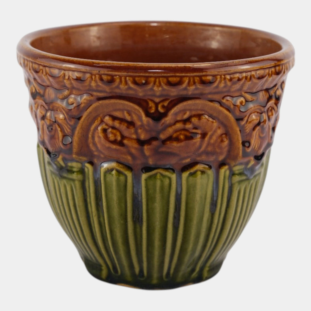 Brush McCoy 1927 Art Pottery Green Brown Blended Majolica Satyr Face Jardiniere - Just Art Pottery