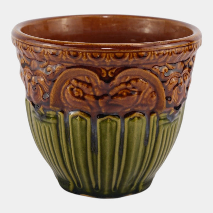 Brush McCoy 1927 Art Pottery Green Brown Blended Majolica Satyr Face Jardiniere - Just Art Pottery