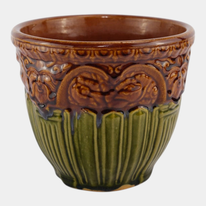 Brush McCoy 1927 Art Pottery Green Brown Blended Majolica Satyr Face Jardiniere - Just Art Pottery