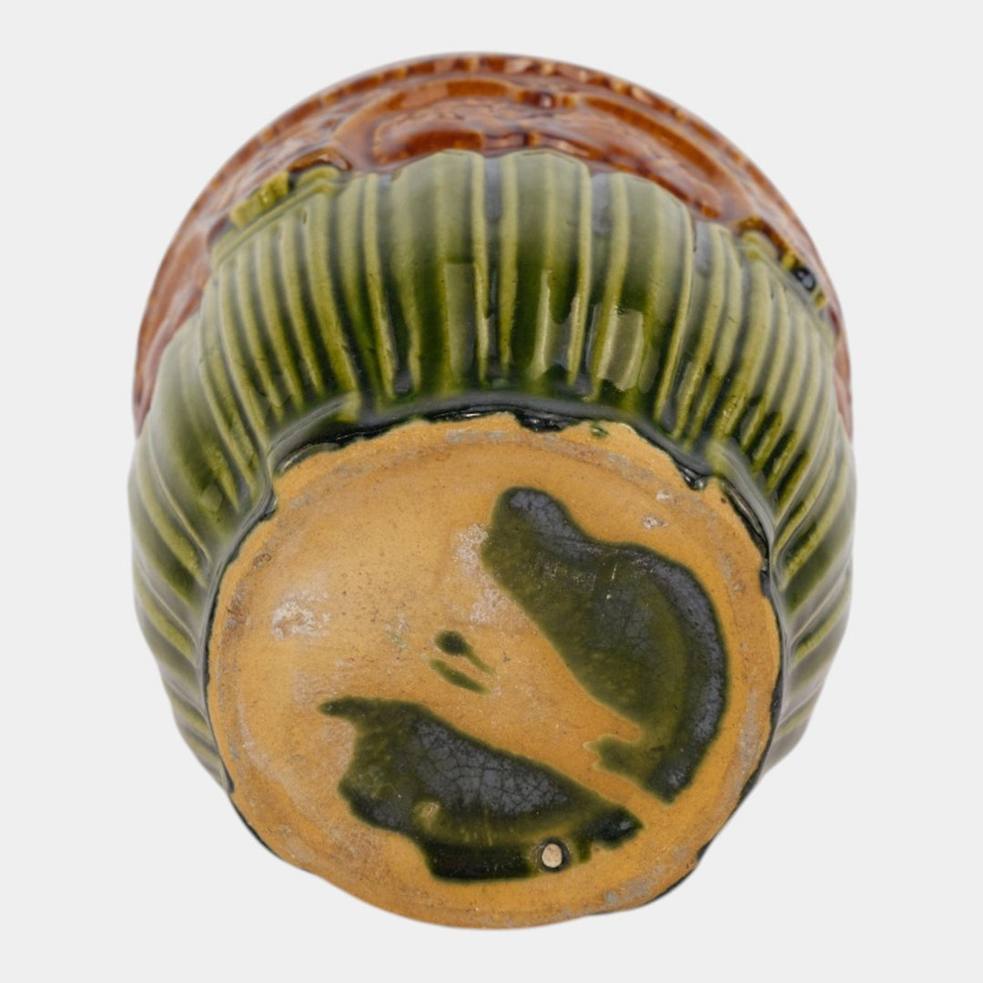 Brush McCoy 1927 Art Pottery Green Brown Blended Majolica Satyr Face Jardiniere - Just Art Pottery
