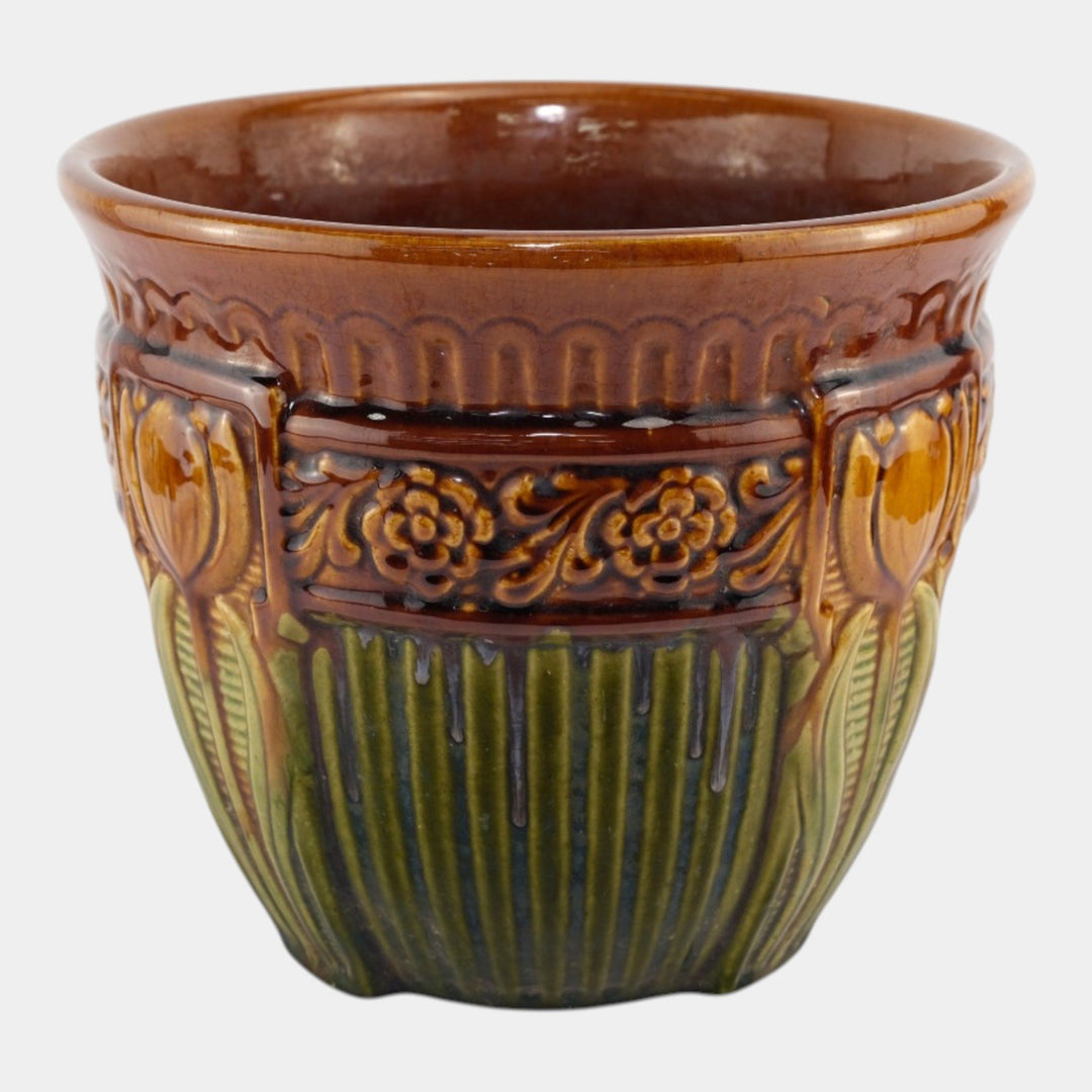 Brush McCoy 1927 Art Pottery Green Brown Blended Majolica Tulip Jardiniere 257 - Just Art Pottery