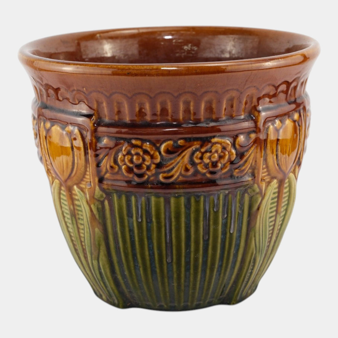 Brush McCoy 1927 Art Pottery Green Brown Blended Majolica Tulip Jardiniere 257 - Just Art Pottery