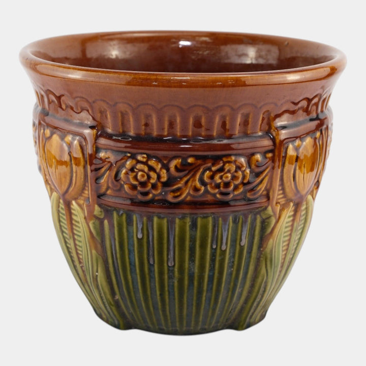 Brush McCoy 1927 Art Pottery Green Brown Blended Majolica Tulip Jardiniere 257 - Just Art Pottery
