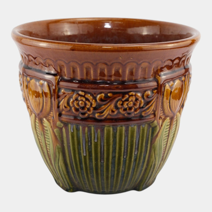 Brush McCoy 1927 Art Pottery Green Brown Blended Majolica Tulip Jardiniere 257 - Just Art Pottery