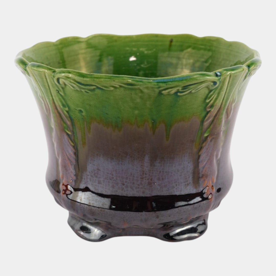 Brush McCoy Early 1900s Art Pottery Green Brown Blended Majolica Jardiniere - Just Art Pottery