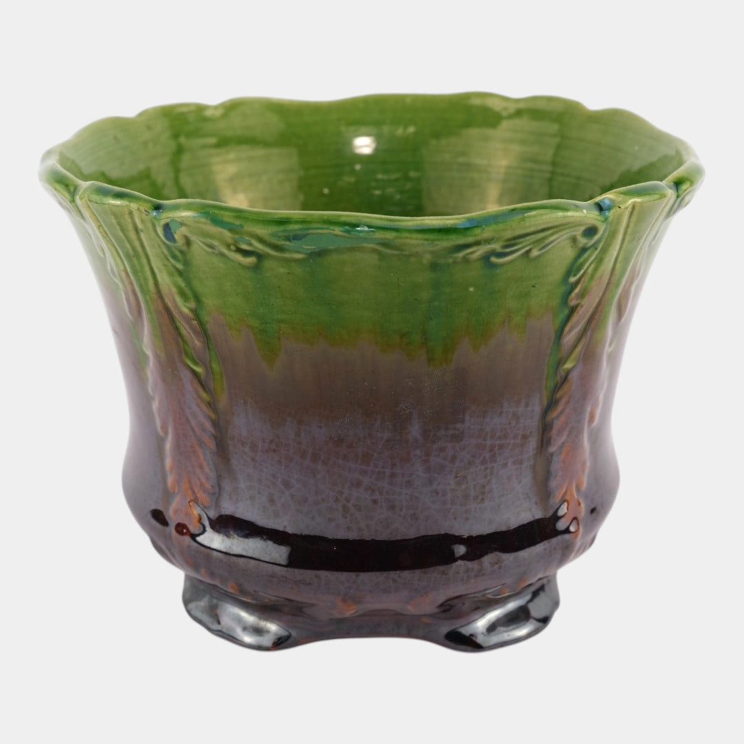 Brush McCoy Early 1900s Art Pottery Green Brown Blended Majolica Jardiniere - Just Art Pottery