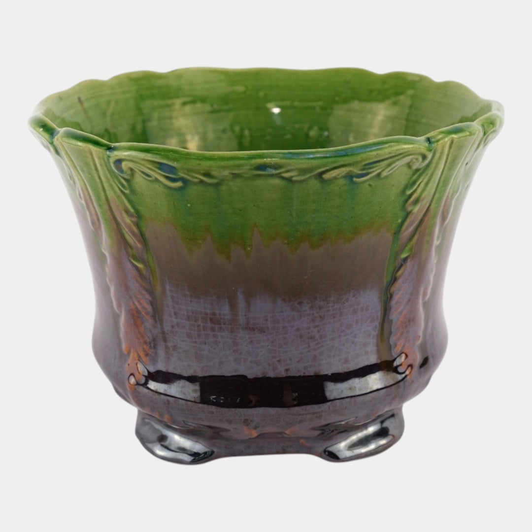 Brush McCoy Early 1900s Art Pottery Green Brown Blended Majolica Jardiniere - Just Art Pottery