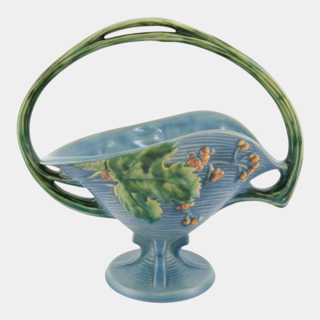 Roseville Bushberry Blue 1941 Vintage Art Pottery Ceramic Basket 372-12 - Just Art Pottery