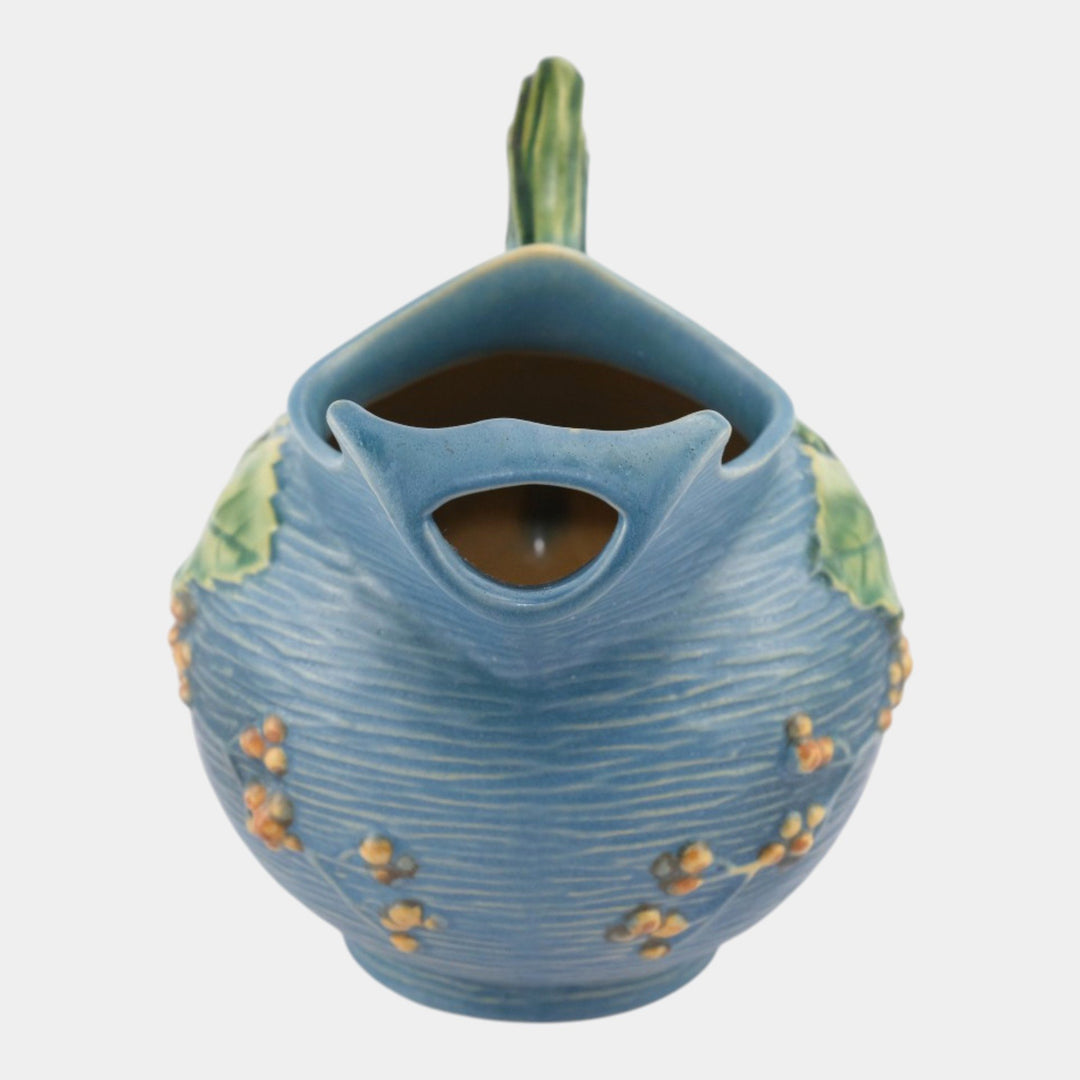 Roseville Bushberry Blue 1941 Vintage Art Pottery Ceramic Ice Lip Pitcher 1325 - Just Art Pottery