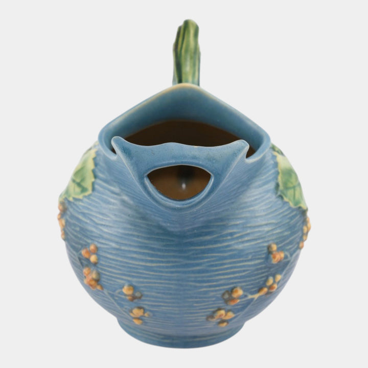 Roseville Bushberry Blue 1941 Vintage Art Pottery Ceramic Ice Lip Pitcher 1325 - Just Art Pottery