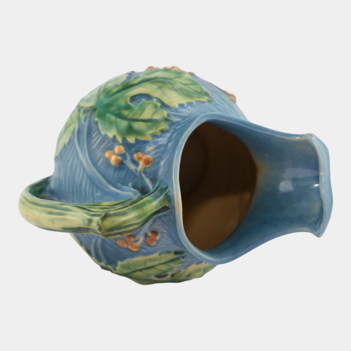 Roseville Bushberry Blue 1941 Vintage Art Pottery Ceramic Ice Lip Pitcher 1325 - Just Art Pottery