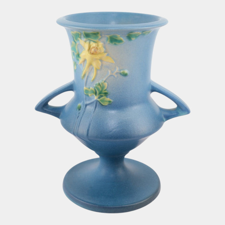 Roseville Columbine Blue 1941 Vintage Art Pottery Ceramic Handled Vase 151-8 - Just Art Pottery